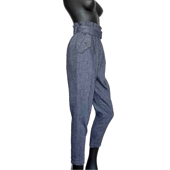 A.L.C. Pant High Waist Belt 0/2 Indigo Blue Chambray Italian Linen Tapered Ankle - Picture 5 of 15